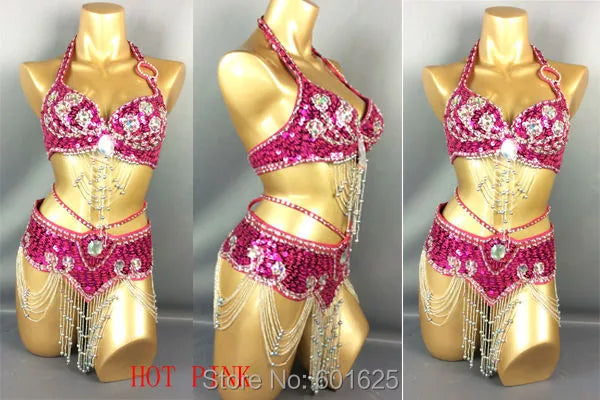 Women's Beaded Crystal Belly Dance Costume Wear bra+panty+hip scarf 3pc Set  Sexy Bellydancing Suit Bellydance Clothes