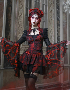 Red Gothic Embossed Jacquard Lace Top & Skirt Woodland
