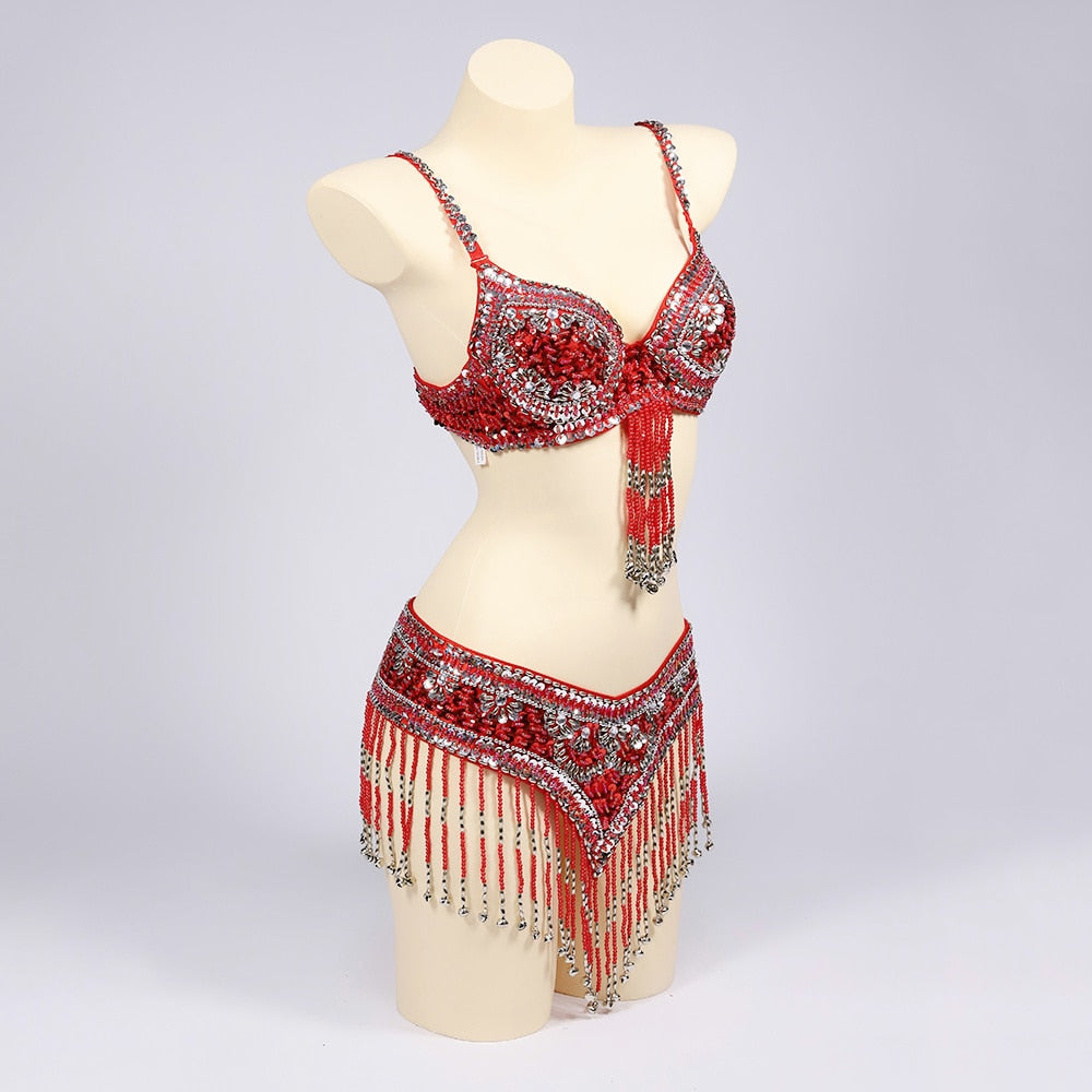Vintage Belly Dance Burlesque Show Costume Red Oriental - Beads - Bra & Belt  Set