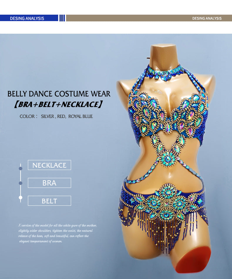 Beaded Crystal Belly Dance Costume Bra+Belt+Necklace 3pc