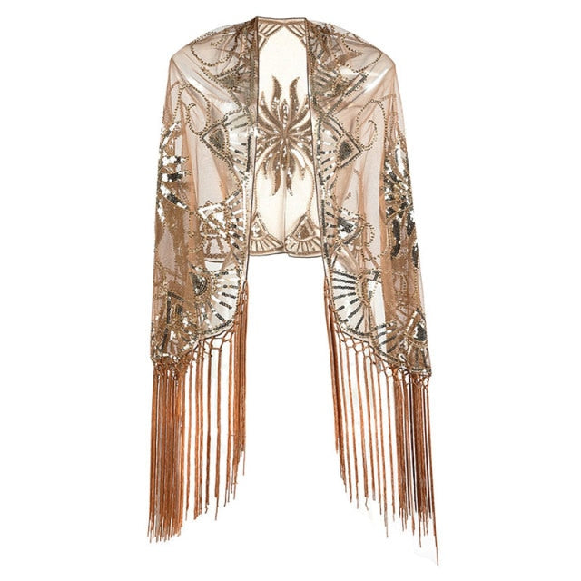 Sequinned 1920s Fringed Evening Shawl Woodland Gatherer Australian
