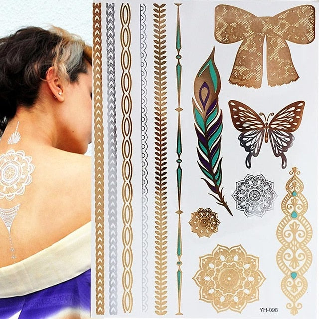 Gold, Green and Black Metallic Feathers (16 Tattoos) – Tattoo for a week