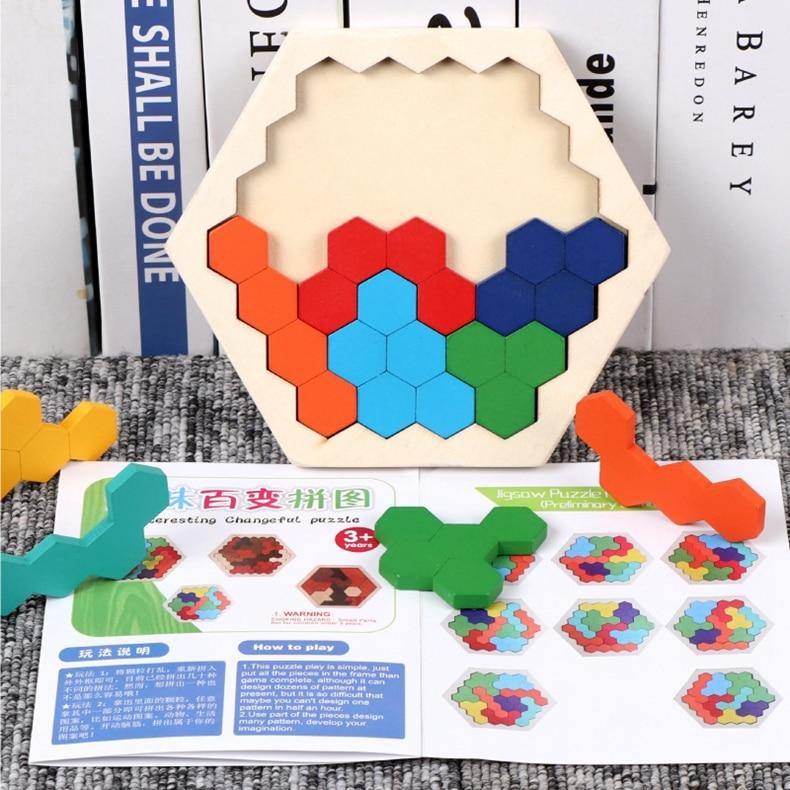 Kids Puzzle Toy Wooden Hexagon Honeycomb Colorful Shapes Jigsaw Puzzles  Clever Board Toys for Children Adults IQ Hexagon Puzzle